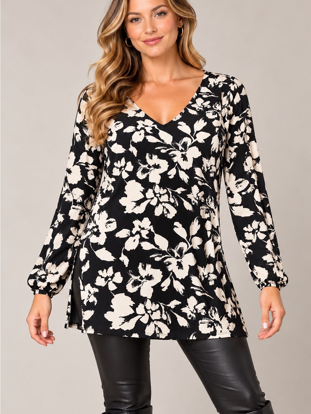 Women's Black & Cream Floral V-Neck Long Sleeve Top & slit detail down the arms